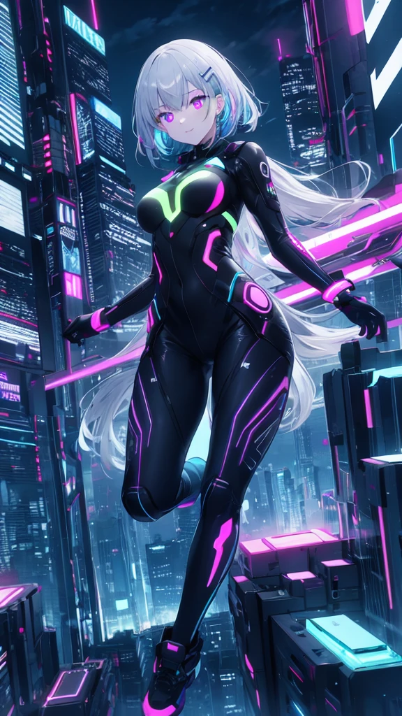 (8K, best quality, master piece: 1.2),super high resolution,1 girl, solo, full body ,ultra-detailed face, silme, ash hair, thin hair clip, cyan colorshift eyes, expressive eyes, Ecstatic expression, Futuristic suit, metallic, neoprene, silver, blue, LED lights, holographic display, Rooftop in a futuristic city at night, neon blue, pink, purple, dark but neon lights are bright