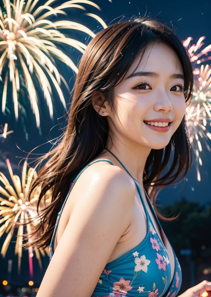 Diffuse lighting、 Highest quality, High resolution, unity 8k wallpaper、Supersaturation, Colorful, 8k resolution, 1 female、Japanese、23 years old、adult、Close-up portrait、Wearing a swimsuit、 Colorful fireworks burst into the sky. Show me your best smile、Festival fireworks、The atmosphere was cheerful, With volume light, Soft Light, Aerial fireworks、Japanese Festivals, Best Quality, Depth of written boundary, Detailed Background, Beautiful cheeks, Sparkling Eyes, And the starry sky at night,