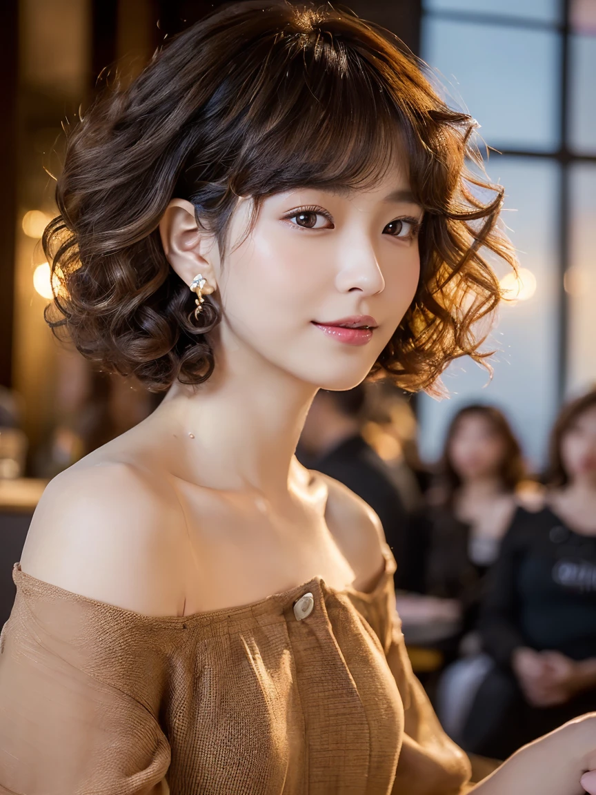 (Ultra - High Resolution:1.5)(Superb details:1.3) (Highest quality) (Highest quality:1.5) (Realistic picture:1.3) Japanese women　21 years old　((A detailed and beautiful face:1.3)) ((Realistic skin texture:1.Honestly speaking, high quality eyes:1.3)) ((The beauty of detailed and high-quality ears:1.3)) ((Beautiful skin that is very fair and transparent.:1.3)) ((Short, straight, beautifully curly bob hair.:1.3))perfect body　Beautiful proportions　(Trendy fashion using thin fabric) (off shoulder)  The background is inside a coffee shop at dusk..　　beautiful description, The interior is luxurious and stylish.　((The audience is happy.&#39;eyes)) half-open lips wet　 big breasts　Not clear　((cute)) (Stunning high resolution images) Women are very interested in men.&#39;body of