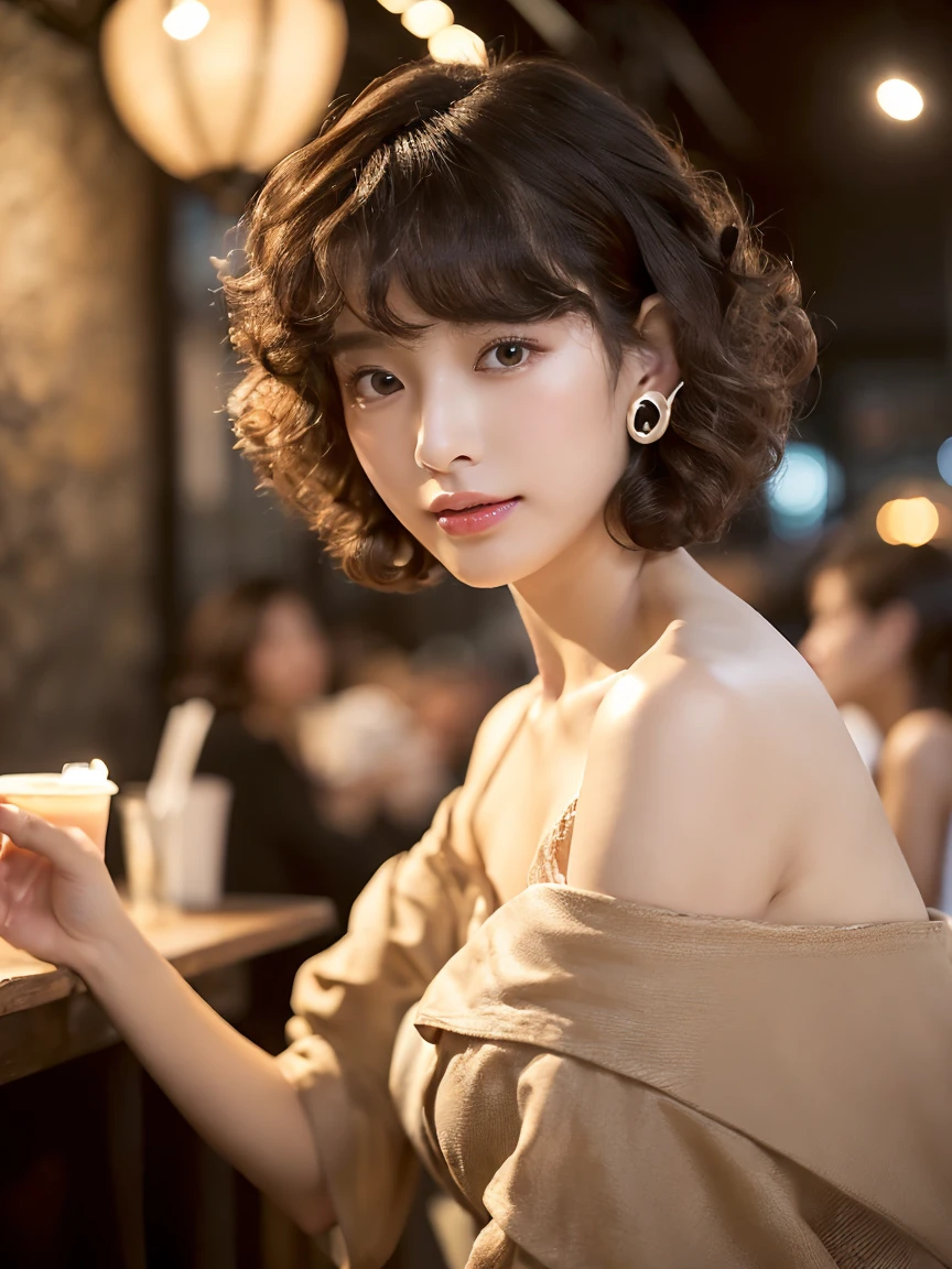 (Ultra - High Resolution:1.5)(Superb details:1.3) (Highest quality) (Highest quality:1.5) (Realistic picture:1.3) Japanese women 21 years old ((A detailed and beautiful face:1.3)) ((Realistic skin texture:1.Honestly speaking, high quality eyes:1.3)) ((The beauty of detailed and high-quality ears:1.3)) ((Beautiful skin that is very fair and transparent.:1.3)) ((Short, straight, beautifully curly bob hair.:1.3))perfect body Beautiful proportions (Trendy fashion using thin fabric) (off shoulder) The background is inside a coffee shop at dusk.. beautiful description, The interior is luxurious and stylish. ((The audience is happy.'eyes)) half-open lips wet big breasts Not clear ((cute)) (Stunning high resolution images) Women are very interested in men.'body of