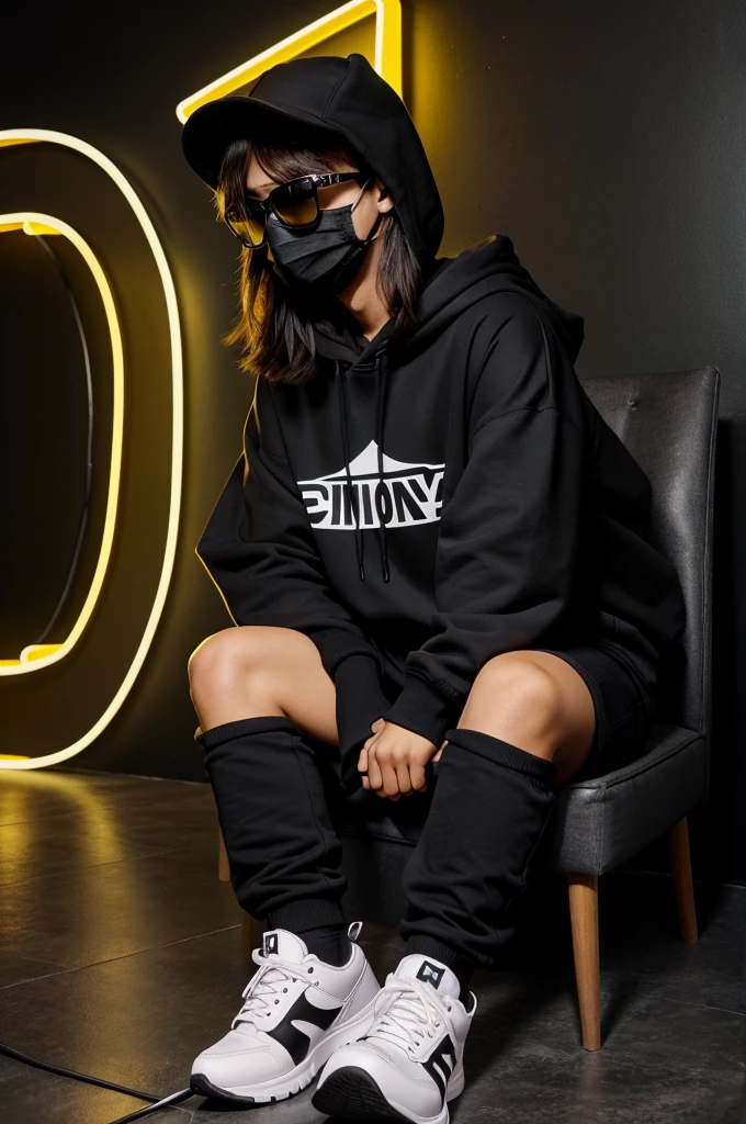 Create a 3D illusion for a profile picture where a 25 Year old cute girl in a black hoodie Sitting casually on a Wingback chair. Wearing sneakers, with black mask, and sunglasses, he looks ahead. The background features "Suman" in big and capital Yellow neon light fonts on the dark grey wall. There should not be his shadow, and there are wings to make it appear as if he is an angel