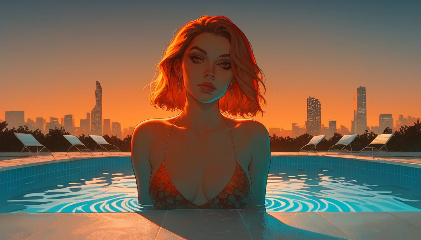 score_9, score_8_up, score_8_up, front view , beautiful pool, sunset sky, orange purple sky, Los Angeles city skyline, city skyline in the background pool chairs, negative_hand, g0thicPXL, gta,(((No humans,Only swimming pool)))