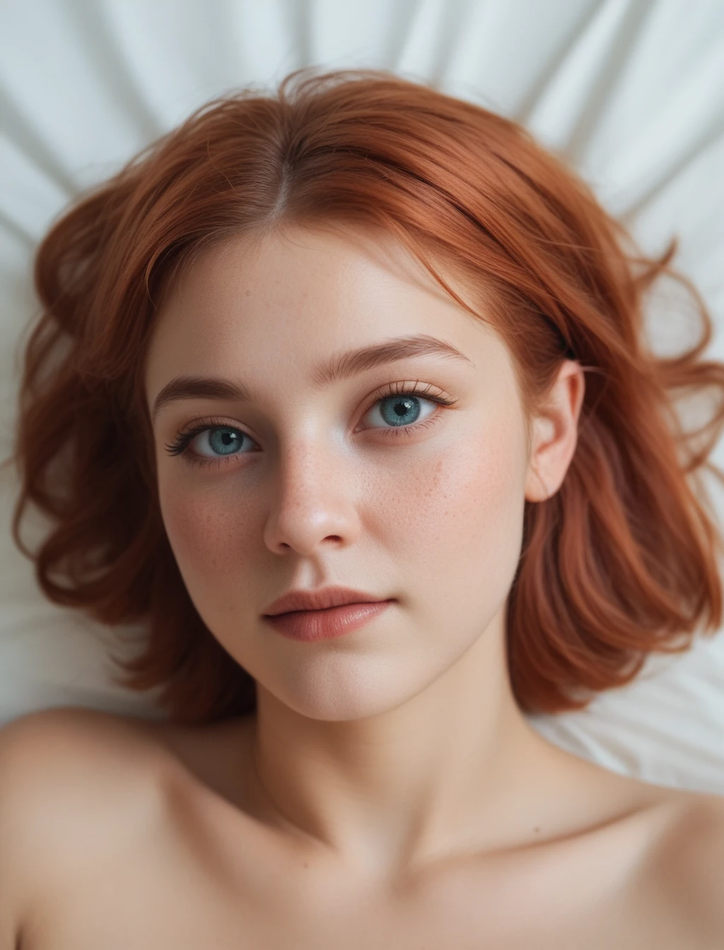 instagram picture, Close-up headshot of the most beautiful redhead woman you know, nya, Fission, pale skin, (sorrido:0.4), hard shadows, best qualityer, work-πrhyme, ultra high resolution, (photorealestic:1.4), Foto RAW, 1girls, ((nya)), ((large breasted)), cool light, big booty, NSFW, posing on bed, girl, showing legs, Temari,