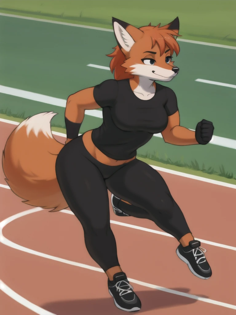 Furry, fox, female, black shirt, black leggings, shoes, running track, solo, full body