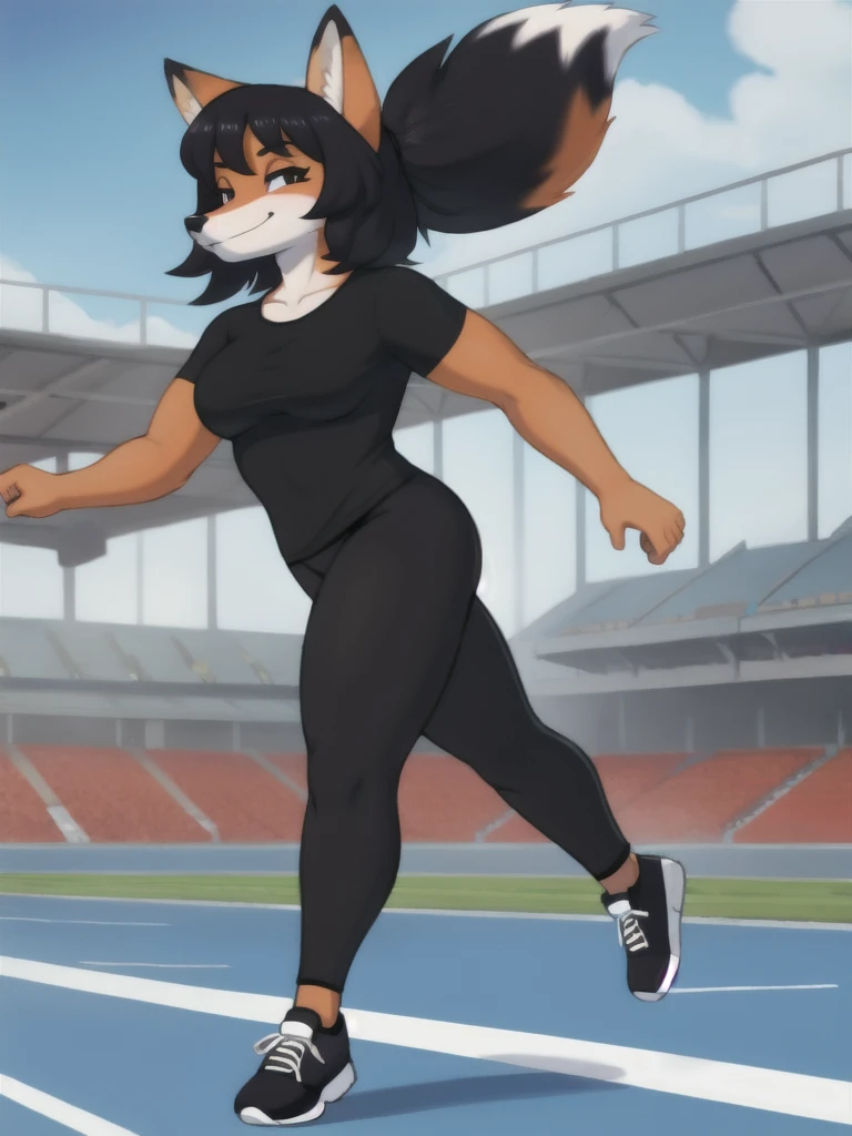 Furry, fox, female, black shirt, black leggings, shoes, running track, solo, full body