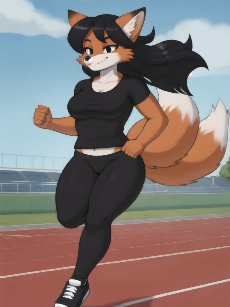 Furry, fox, female, black shirt, black leggings, shoes, running track, solo, full body
