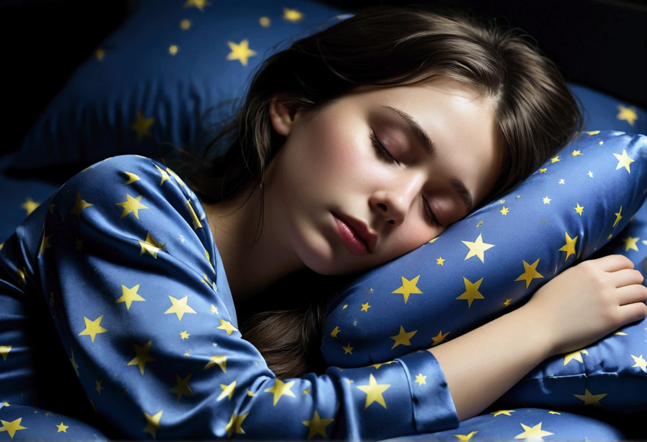 1girl, european, close-up, closed_eyes, sleeping, brunette, at night, closeup, night pajama, dark room, dark studio, wide angle, full body, fetal position