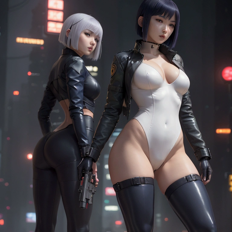 High resolution photo of a woman、Beautiful woman in a bare-chested white leotard、Dark blue bob hair、bangs、stockings、High heel boots、Holds a gun from the future、Black leather jacket、ghost in the Shell、Motoko Kusanagi、City of the Future、A belt around the waist that holds bullets and a pistol、