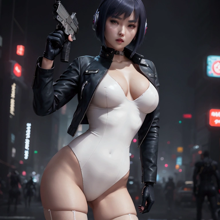 High resolution photo of a woman、Beautiful woman in a bare-chested white leotard、Dark blue bob hair、bangs、stockings、High heel boots、Holds a gun from the future、Black leather jacket、ghost in the Shell、Motoko Kusanagi、City of the Future、A belt around the waist that holds bullets and a pistol、