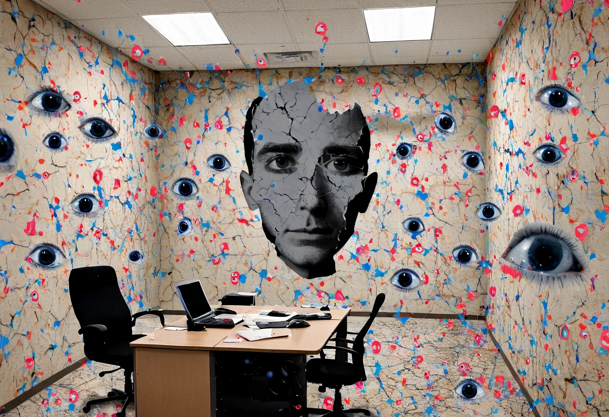 an image with a surreal, distorted office setting featuring cracked paint on the walls and a human silhouette with many eyes 