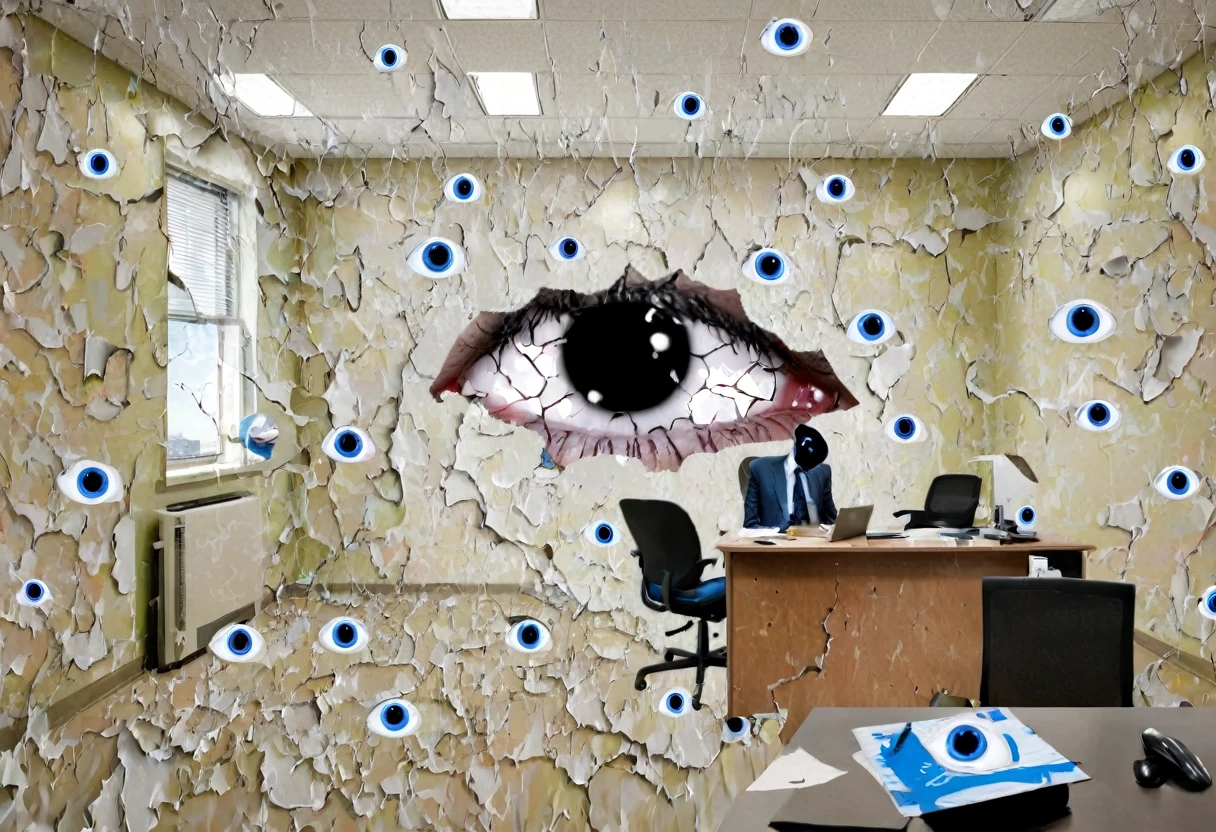 an image with a surreal, distorted office setting featuring cracked paint on the walls and a human silhouette with many eyes 