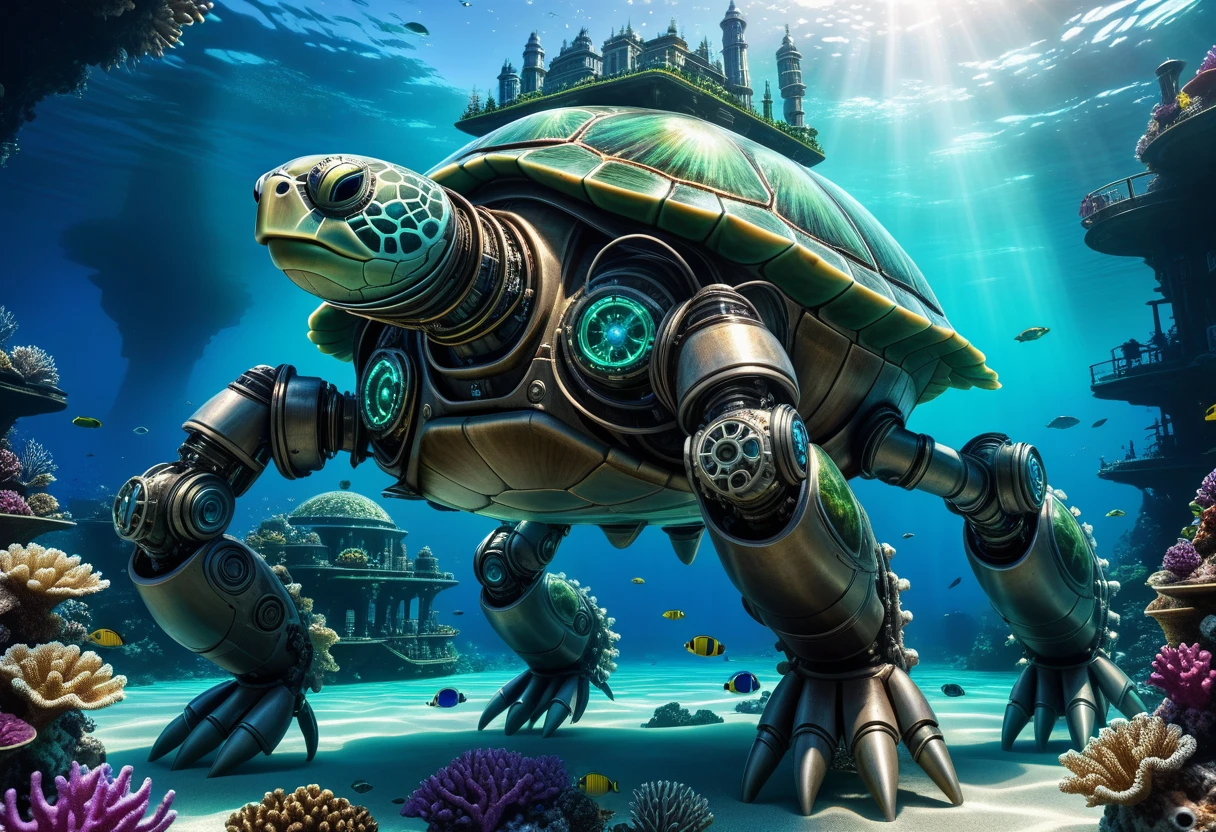 a huge android robot turtle, carrying a futuristic underwater city on its back, detailed mechanical exoskeleton, intricate gears and joints, advanced technology, underwater sci-fi landscape, bioluminescent coral reefs, shimmering blue-green ocean, dramatic lighting, photorealistic, 8k, cinematic composition, digital art, concept art