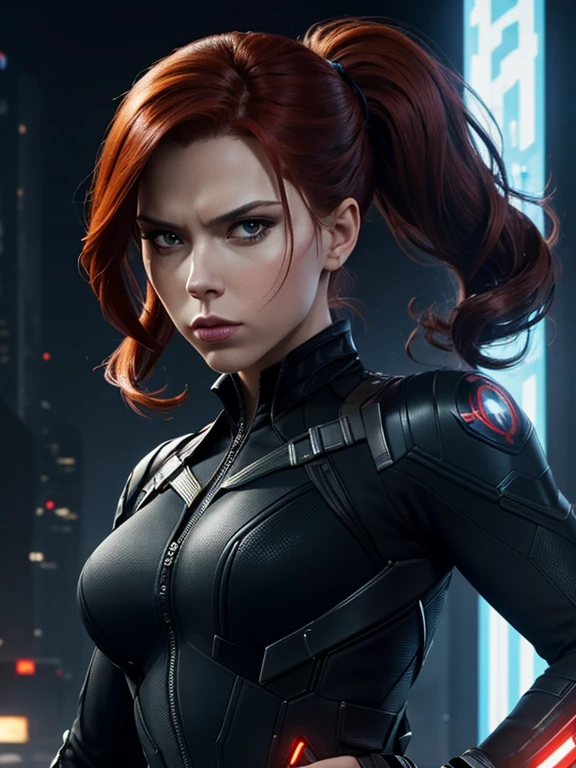 Create a dynamic 4K resolution close-up portrait of Black Widow, the fierce Marvel superheroine, capturing her strength and determination:

Visualize Black Widow with her striking features: her red hair styled in a sleek, shoulder-length bob or pulled back into a practical, tactical ponytail. Her eyes, sharp and focused, should reflect her unwavering determination and strategic mind.

Dress Black Widow in her iconic black tactical suit, featuring intricate details such as reinforced armor, utility belts, and the red hourglass symbol on her belt. The suit should appear sleek and functional, emphasizing her agility and combat prowess.

Set the scene against the backdrop of a high-tech, futuristic environment, perhaps a S.H.I.E.L.D. headquarters or a cityscape at dusk, with neon lights casting dramatic shadows. Include elements such as holographic displays or glimpses of advanced technology to enhance the modern, action-packed atmosphere.

The color palette should be dark and intense, with shades of black and deep reds, contrasted by the cool blues and silvers of the high-tech background, highlighting Black Widow's stealthy and formidable presence.

Black Widow's expression should convey a blend of determination, focus, and a hint of vulnerability, capturing her complex character. Her gaze should be piercing and resolute, embodying her role as a master spy and a skilled combatant.

This portrait aims to celebrate Black Widow as a symbol of strength, intelligence, and resilience, capturing her iconic features and the high-stakes, action-packed world she inhabits in the Marvel Universe.