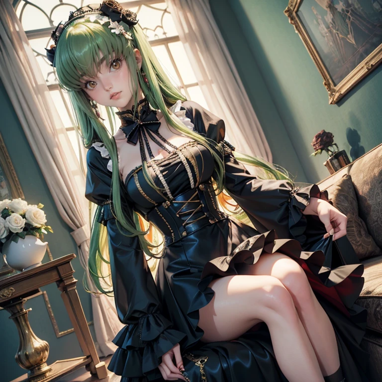 C.C_(code geass), 1girl, white roses, ornament hair, black roses on her hair, pigtails, black short skirt, black dress, skirt with layers, frills, black laces, ta style, green hair, long hair, seat on a red sofa, modernist home style, black loliress, black dress, more details on her clothes, golden details, night, smiling, solo, alone, jewelry, living room scenery, clean house style