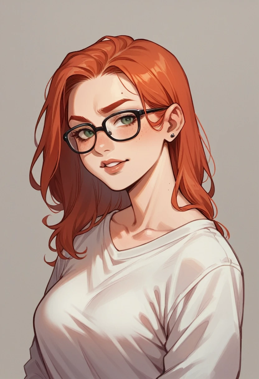 photo of a redhead  woman with black rim glasses