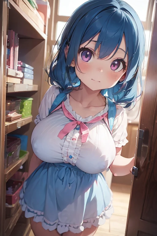 (((, child))), kindergardenn, lightblue hair, pink eyes, (((huge breast))),
layered dress,