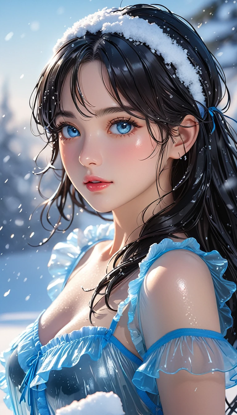 (((masterpiece))),Highest quality,figure,4K wallpaper,Cinema Lighting,Absurd,1 girl,(snow,ice),In winter,(((Black Hair))),Shiny Hair,curl,(Bright blue eyes),Transparent clothes,Frills,race,Wet clothes,Leave_shoulder,hair band,masterpiece,(Medium Shot),Absurd,Beautiful Face,Features,Natural light,Soft Light,(Seven-part combination),amazing,Dreamy and magical,mystery,