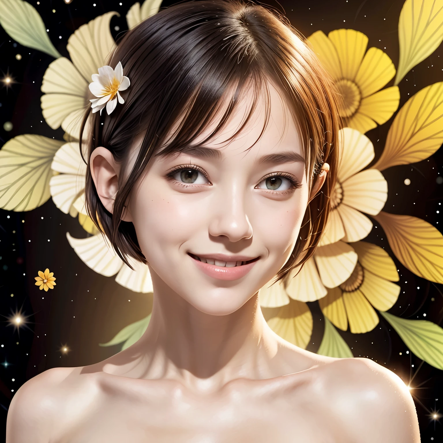 257 20-year-old female, (short hair),(Abstract background,Fractal Art), smile, flower