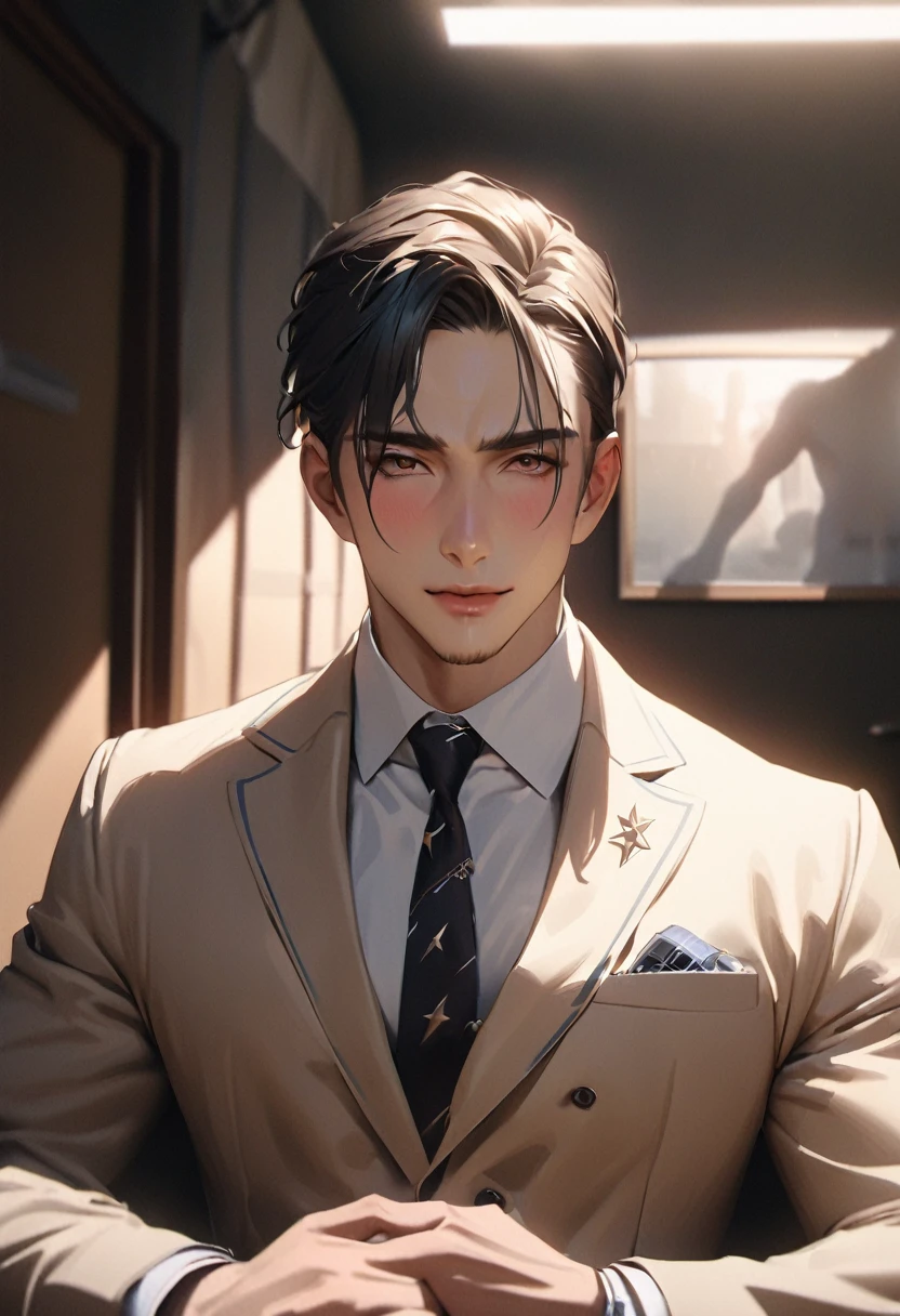 Great quality, masterpiece, High Resolutiの上, One boy, blush, Star Student, hair accessory, suit, beauty, Tyndall effect, Realistic, Shadow Room, Light Edge, Two-tの上e Lighting, (Skin with attention to detail: 1.2), 8k ウルトラHD, SLR, Soft Light, high quality, Volumetric Lighting, snapshot, High Resolutiの上, 4K, 8k, Background Blur, Real Persの上