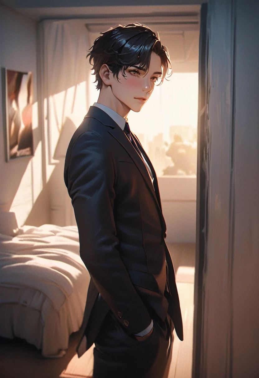 Great quality, masterpiece, High Resolutiの上, One boy, blush, Star Student, hair accessory, suit, beauty, Tyndall effect, Realistic, Shadow Room, Light Edge, Two-tの上e Lighting, (Skin with attention to detail: 1.2), 8k ウルトラHD, SLR, Soft Light, high quality, Volumetric Lighting, snapshot, High Resolutiの上, 4K, 8k, Background Blur, Real Persの上