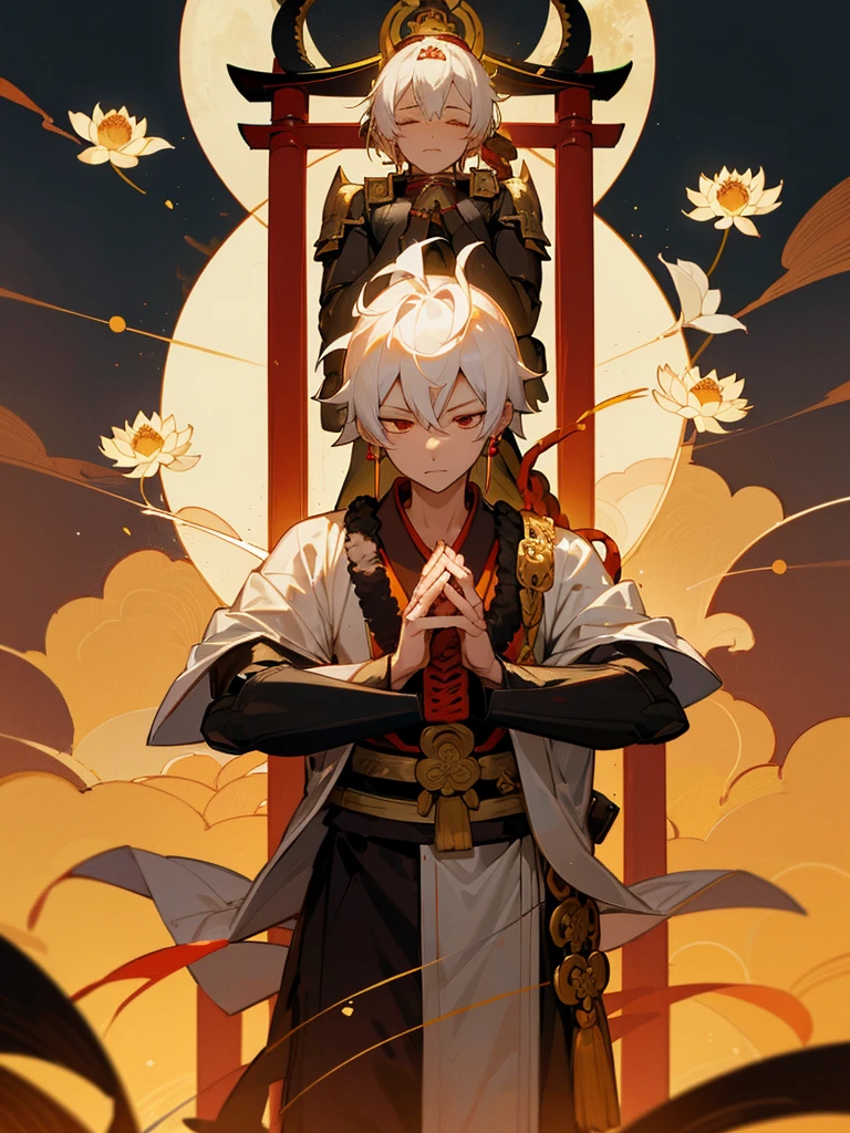 Kannon Bodhisattva,Burning Eyes, horn, white short hair, black armor, torii, man, full moon, hands together in prayer, Zen meditation Golden guardian dog Japanese sword Lotus flower field Paradise 機械