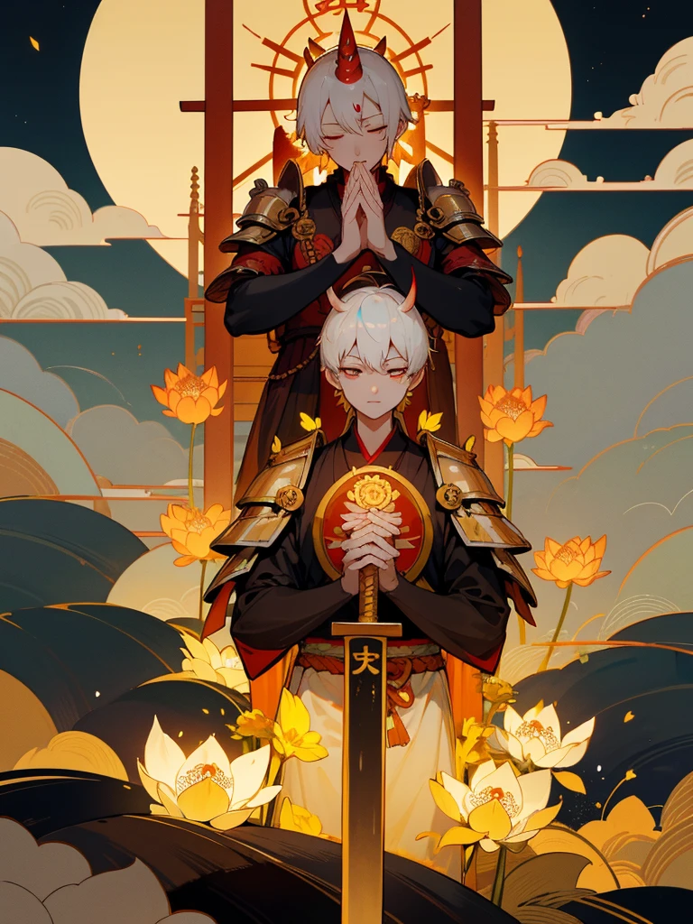 Kannon Bodhisattva,Burning Eyes, horn, white short hair, black armor, torii, man, full moon, hands together in prayer, Zen meditation Golden guardian dog Japanese sword Lotus flower field Paradise 機械