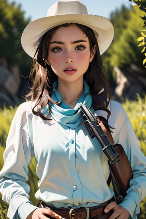 Highest quality　High resolution　Western Wilderness　Cute girl in gunfighter clothes　Ten-gallon hat　Pistol　gun belt　A scarf is wrapped around the neck　The background is the wilderness:1.8