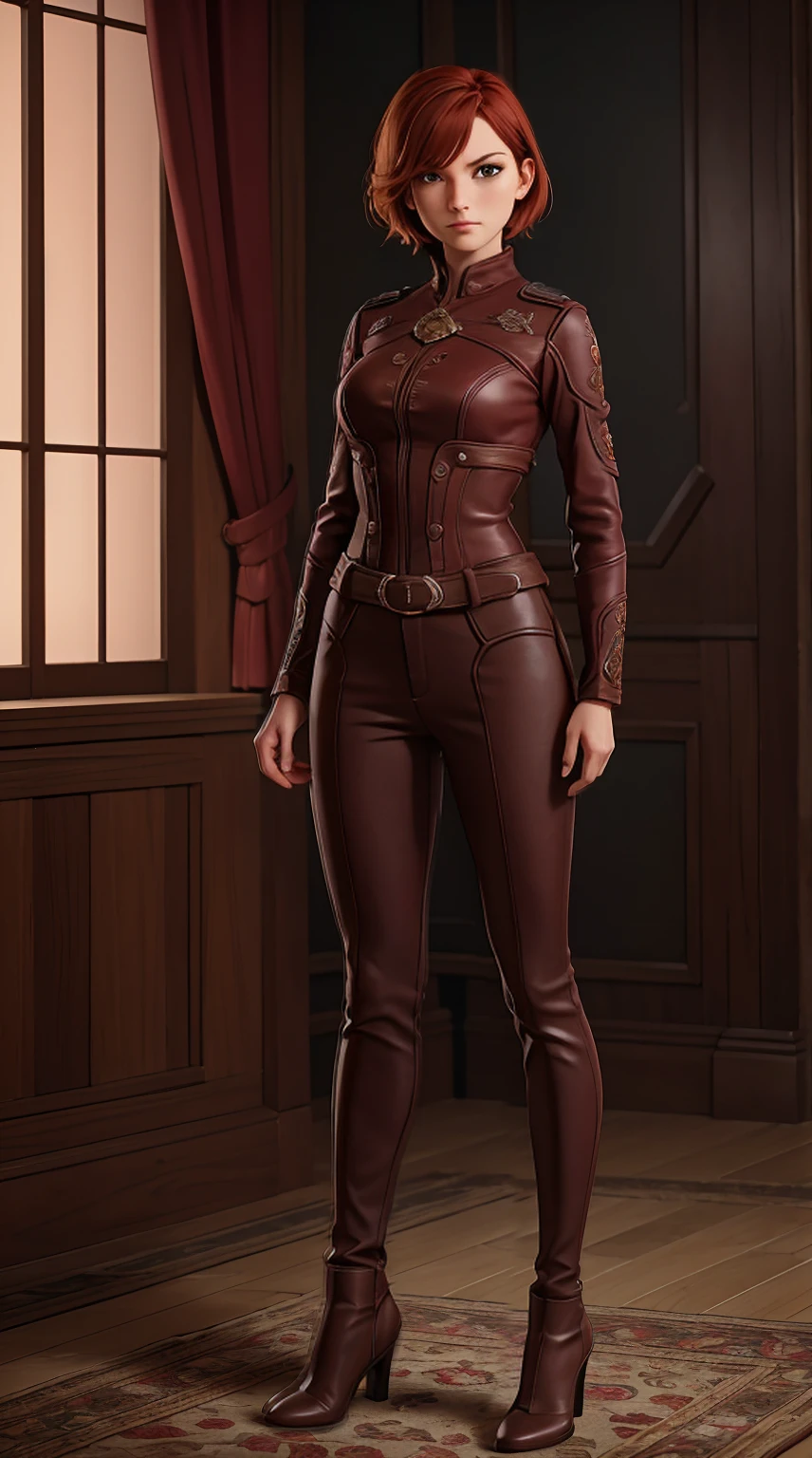 ((Full body photo, standing, feet on the ground)) LelianaDA, masterpiece, highest quality, RAW, analog style, a stunning photo of a (beautiful woman), (short red hair), (maroon tight spy costume), (in the dark room), (dim lighting), (highly detailed skin, skin details), (highly detailed face and eyes), sharp focus, 8k UHD, DSLR, high quality, film grain, Fujifilm XT3, frowning, intricately detailed, highly detailed, cluttered and detailed background