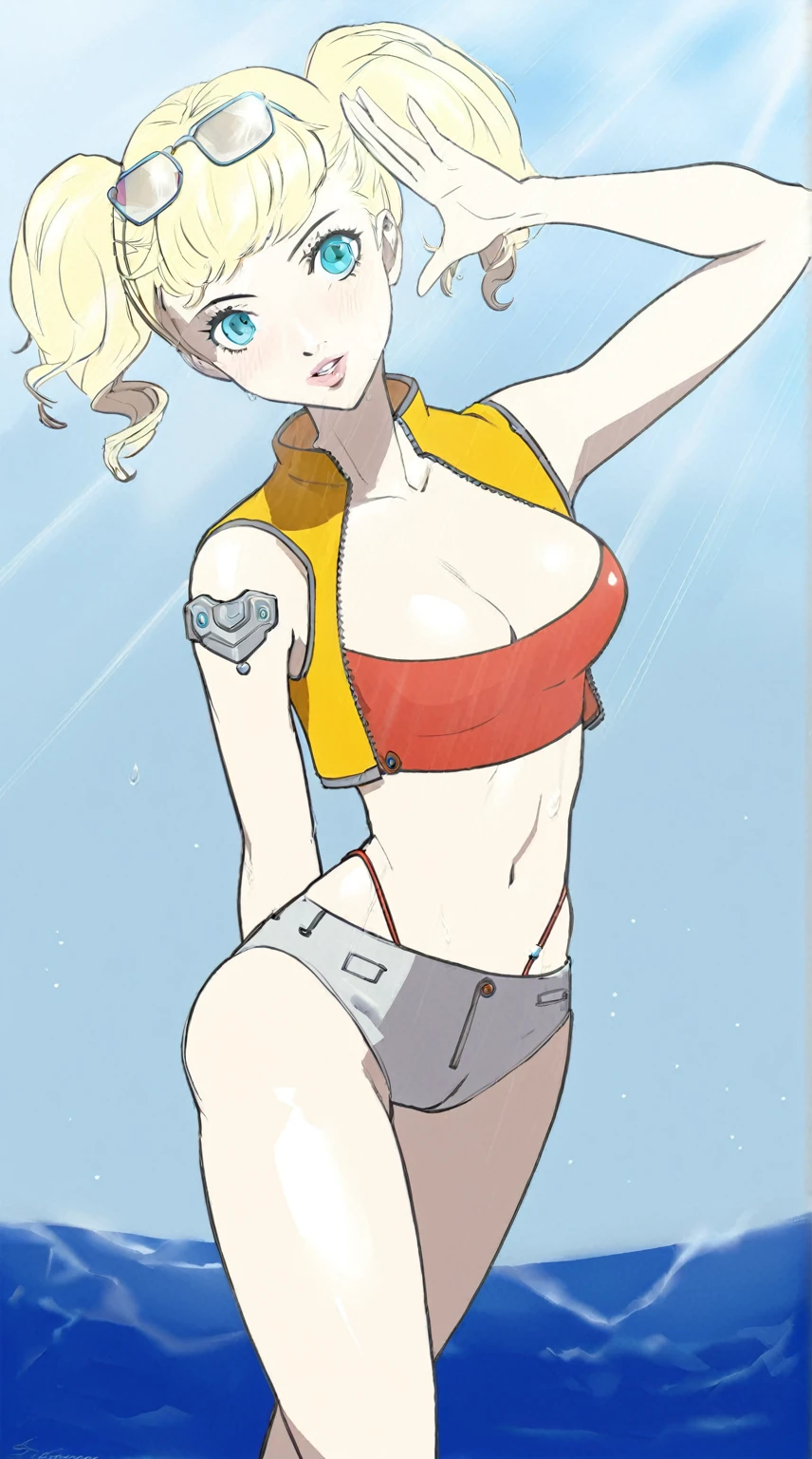 1girl, aegis_\(persona\), blonde_hair, blue_eyes, highres, joints, persona, persona_3, ribbon, robot, robot_joints, sitting by ocean, portrait, masterpiece, newest, best quality, high quality, soejima_shigenori