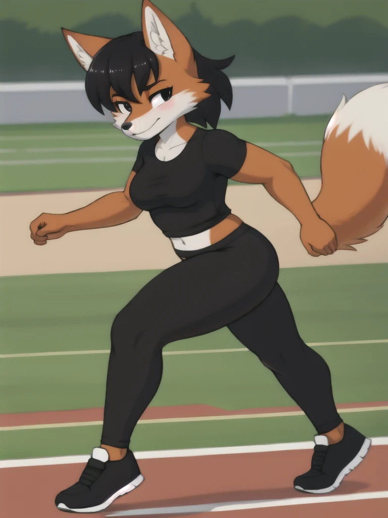 Furry, fox, female, black shirt, black leggings, shoes, running track, solo, full body