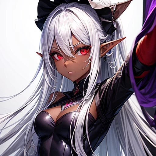 expensive、Slim figure。
- Long silver hair tied back。
- Sharp red eyes、Always keep a calm expression。
- A dark-skinned elf dressed as a gorgeous black and purple chef