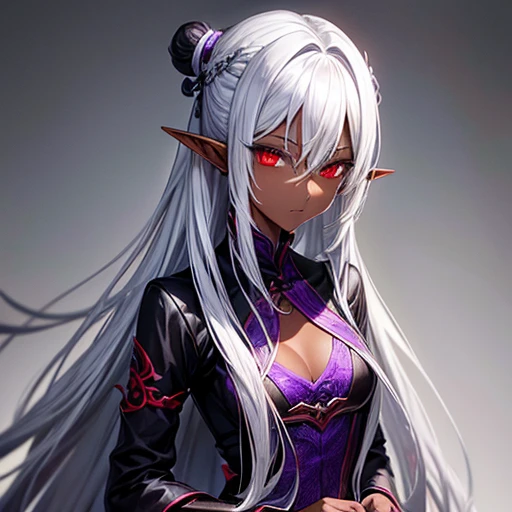 expensive、Slim figure。
- Long silver hair tied back。
- Sharp red eyes、Always keep a calm expression。
- A dark-skinned elf dressed as a gorgeous black and purple chef