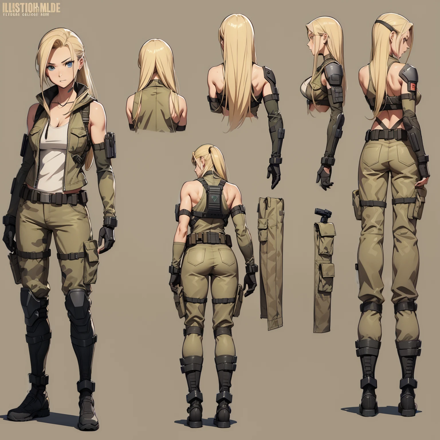 ((Full body photo, standing, feet on the ground)) A woman, 20 years old, long blonde hair, tall boots, aesthetic body, tank top, stylish, metal gear, solid snake, futuristic, cleavage, tan color military pants, tech equipment, Jill valentine, desert camo, wastelander, knee pad, elbow pad, dog tag, various angles, (front, back, side), character sheet, model sheet, reference sheet.