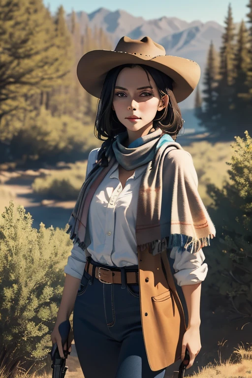 Highest quality　High resolution　Western Wilderness　Cute girl in gunfighter clothes　Ten-gallon hat　Pistol　gun belt　A scarf is wrapped around the neck　The background is the wilderness:1.8