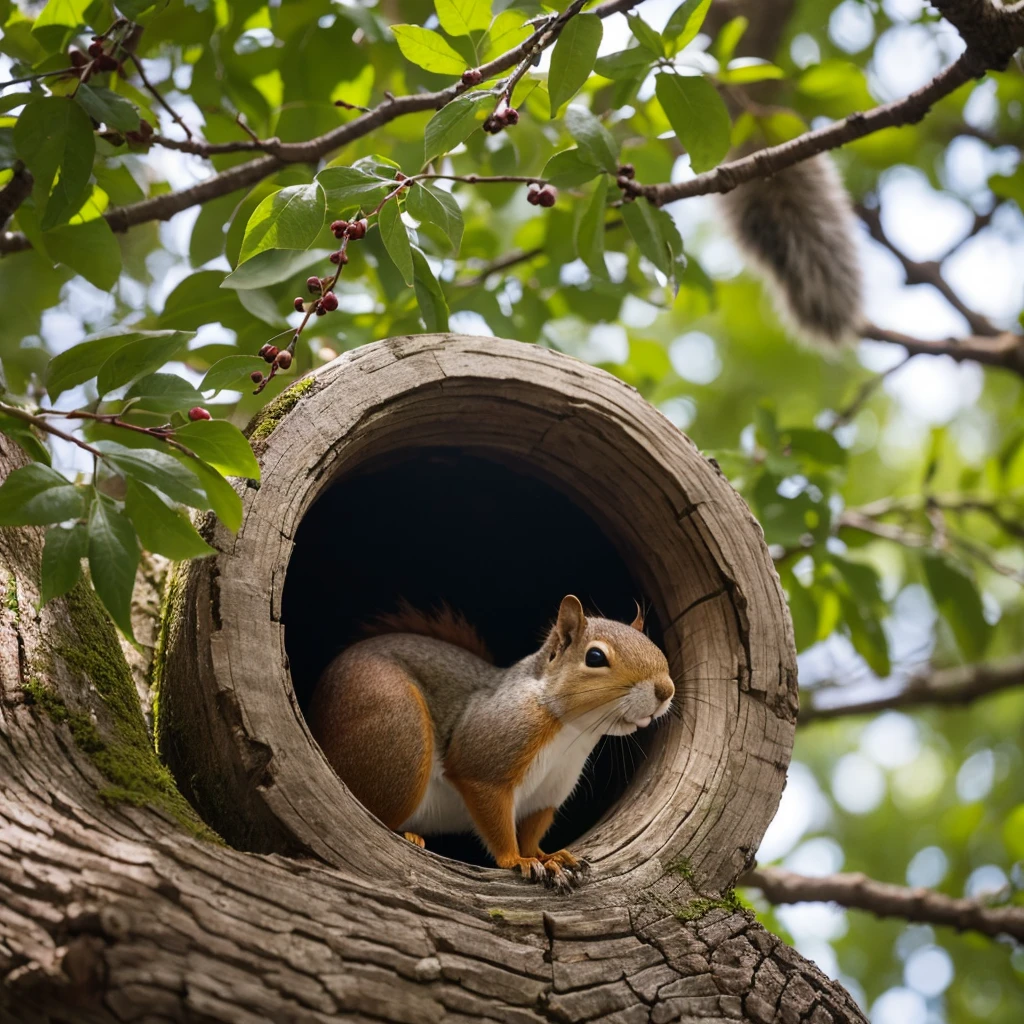 squirrel、It is peeking out from its hole in the tree.