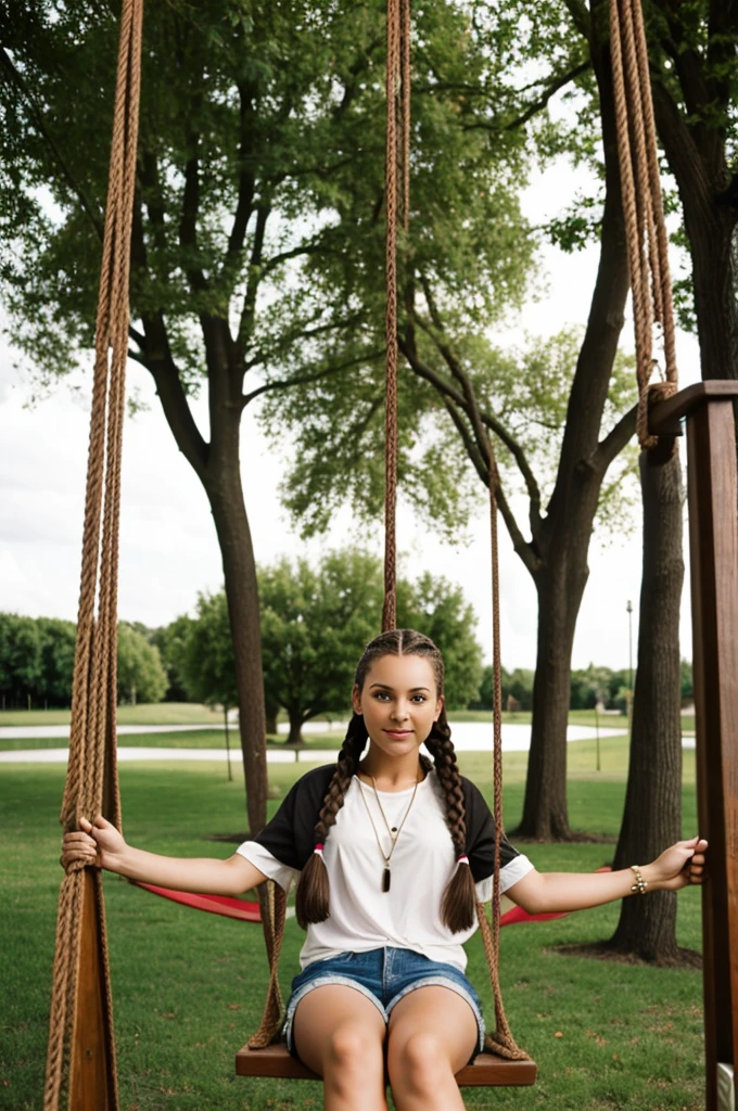 Woman with brunette braids sitting on a swing . And letters shot from the bottom 