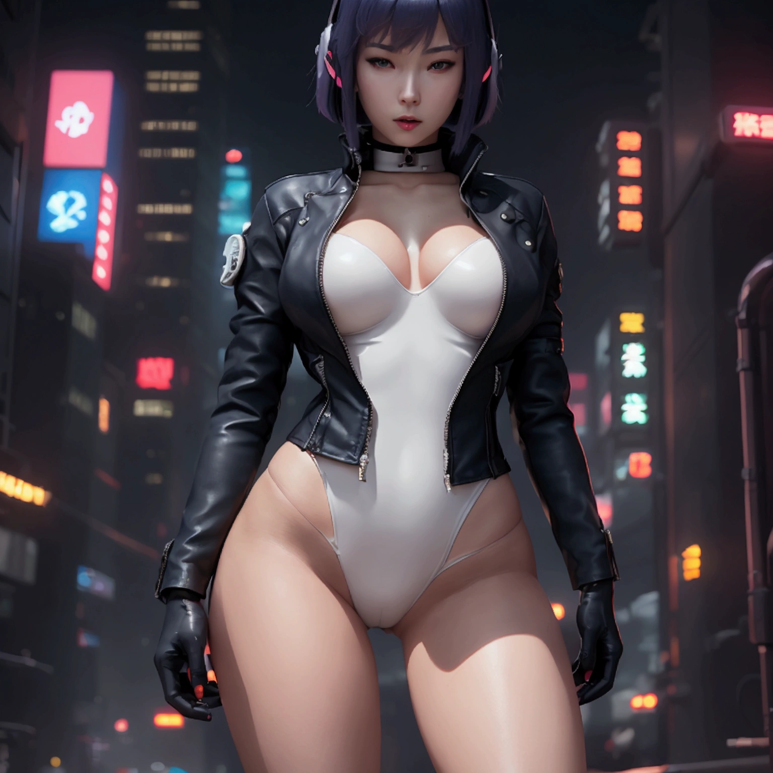 High resolution photo of a woman、Beautiful woman in a bare-chested white leotard、Dark blue bob hair、bangs、stockings、High heel boots、Holds a gun from the future、Black leather jacket、ghost in the Shell、Motoko Kusanagi、City of the Future、Wear a belt around your waist that holds bullets and a pistol、