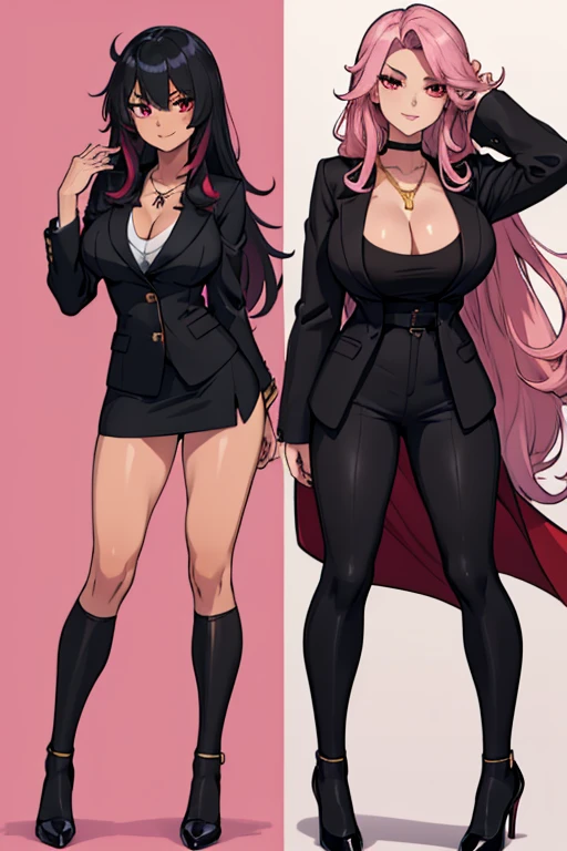 female, silver messy long hair, red eyes, tanned skin, (((1girl))), (((black blazer))), (pink shirt), (tan pants), (black heels), (necklace with gold pendant), cute and sexy, full body, big breasts, long legs, smiling, cleavage