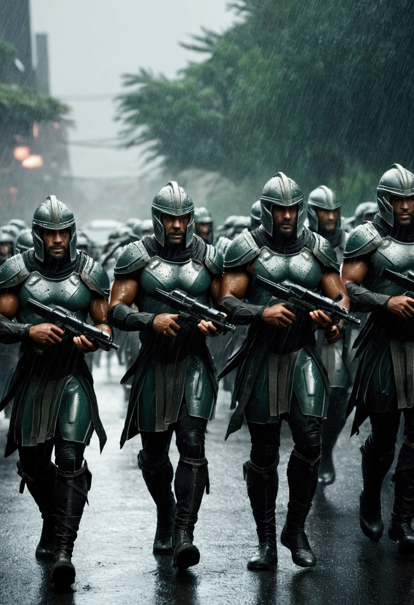 An army of Spartan soldiers walking in the rain 