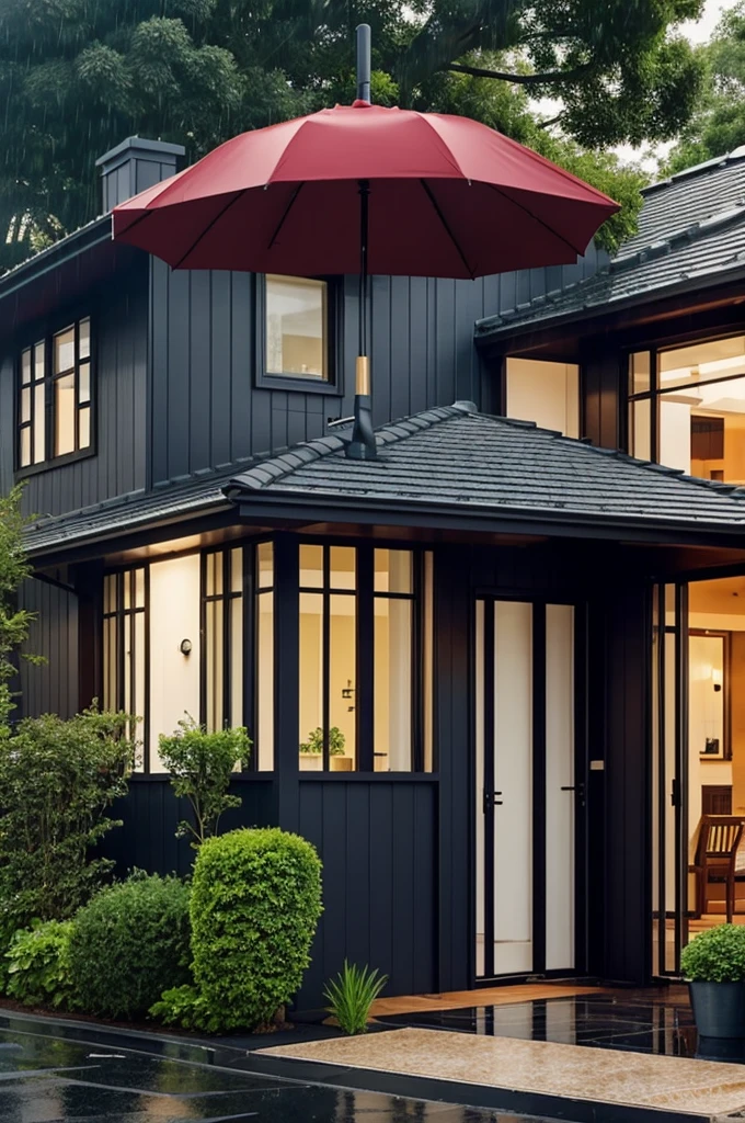 A house with an umbrella that protects it from the rain