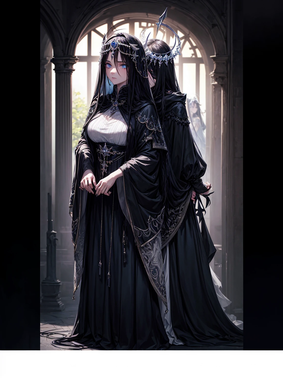 a young dark fantasy church priestess, with long black hair and white streaks, wearing an eyepatch on one eye, and her blueish green eyes, she cares a serious expression on her face and an angel like appearance, she wears elegant yet simple and modest black outfit, with some silver jewelry, she also wears a long see through veil on her head, with a faded sliver star shaped halo at the behind her head, she is holding her hands together symbolizing a prayer gesture.Long Hair, Black Hair, Blue eyes, mysterious, Hood, Halo, Anatomically Correct, Best Quality, Accurate, High Resolution, Looking at viewer, back view