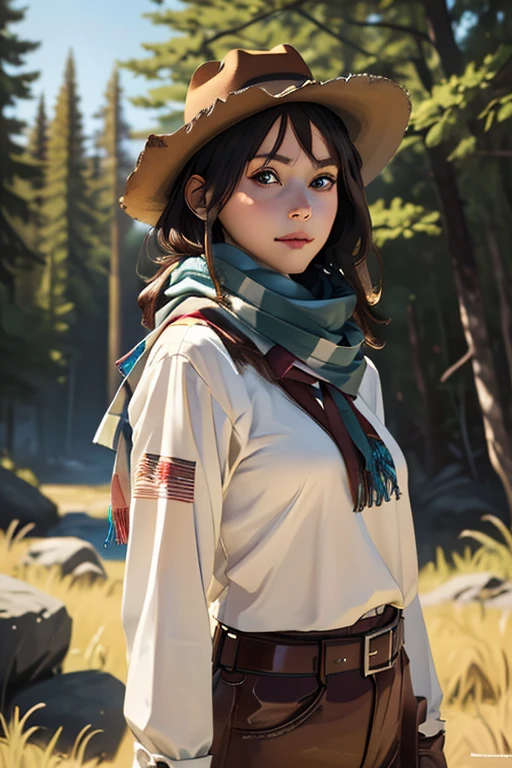 Highest quality High resolution Western Wilderness Cute girl in gunfighter clothes Ten-gallon hat Pistol gun belt A scarf is wrapped around the neck The background is the wilderness:1.8
