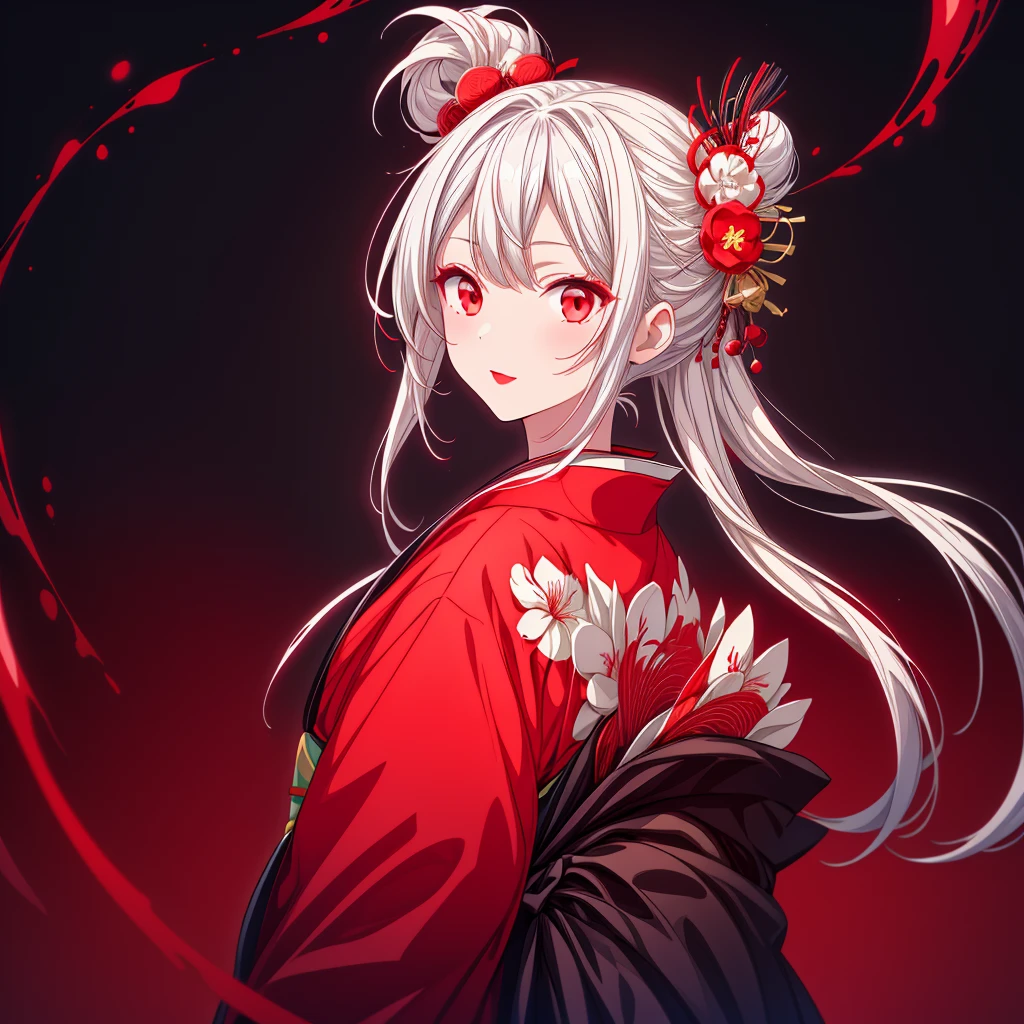 Girl in kimono、White medium hair、Red eyes、Red lips、A kimono with a red spider lily on a black background、Red splashes on a black background、super high quality、Ultra-fineディテール、Ultra-fine、Clothing Model,Background Japanese family crest