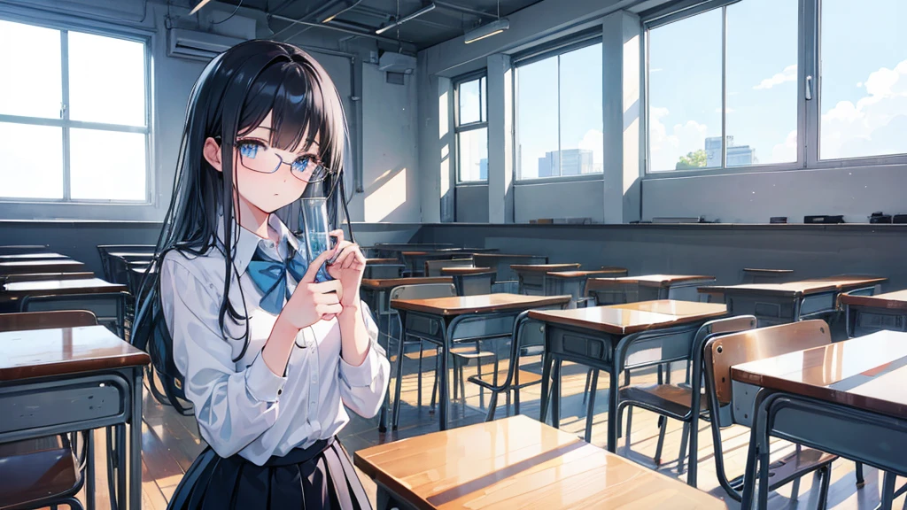 young girl, high , classroom, skirt, light blue eyes, black hair, glasses, quiet, elegant