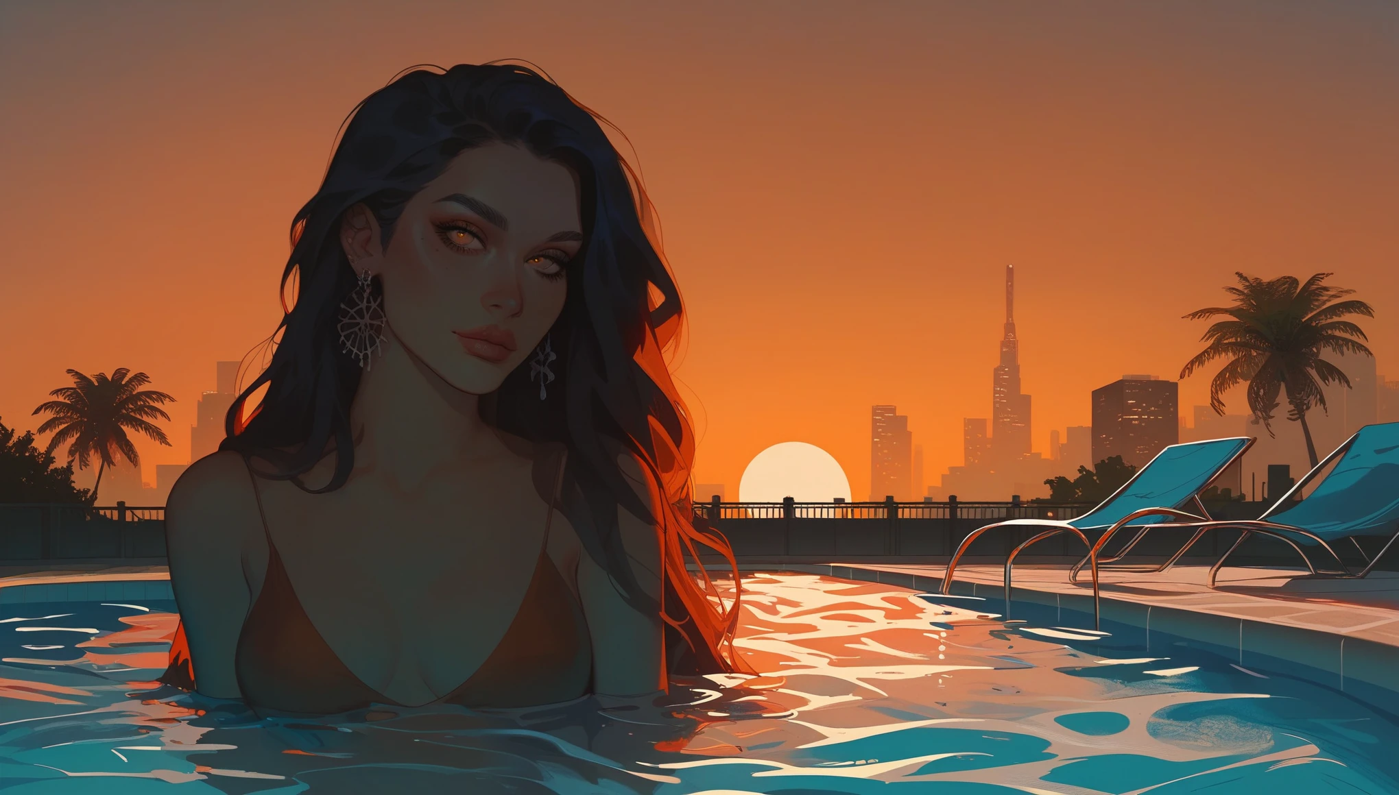 score_9, score_8_up, score_8_up, front view , beautiful pool, sunset sky, orange purple sky, Los Angeles city skyline, city skyline in the background pool chairs, negative_hand, g0thicPXL, gta,(((No humans,Only swimming pool)))