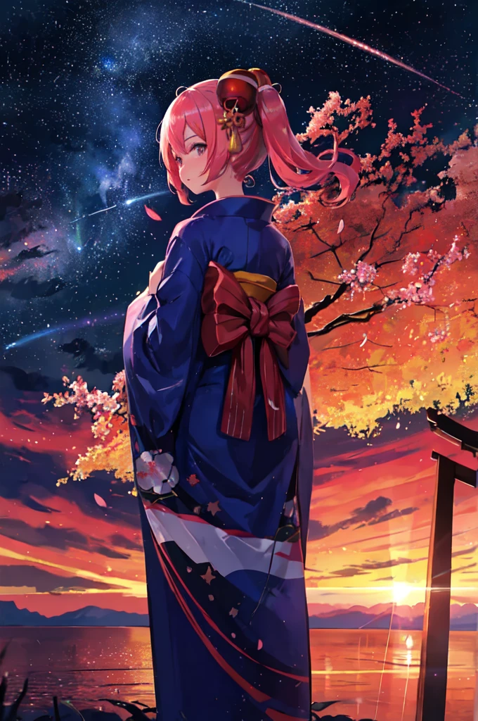 One girl, distant girl wearing a kimono staring at the performer, (Zoom out:1.1), (Meteors:1.2), (comet:1.1), yourname, Low - Angle, From behind, Aloura Borealis, shooting star, yukata, Red kimono, cherry blossoms, Standing in the field,Highest quality, masterpiece,  cloud,pastel colour,colorful, Starry sky,performer,