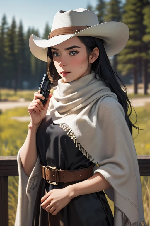 Highest quality High resolution Western Wilderness Cute girl in gunfighter clothes Ten-gallon hat Pistol gun belt A scarf is wrapped around the neck The background is the wilderness:1.8
