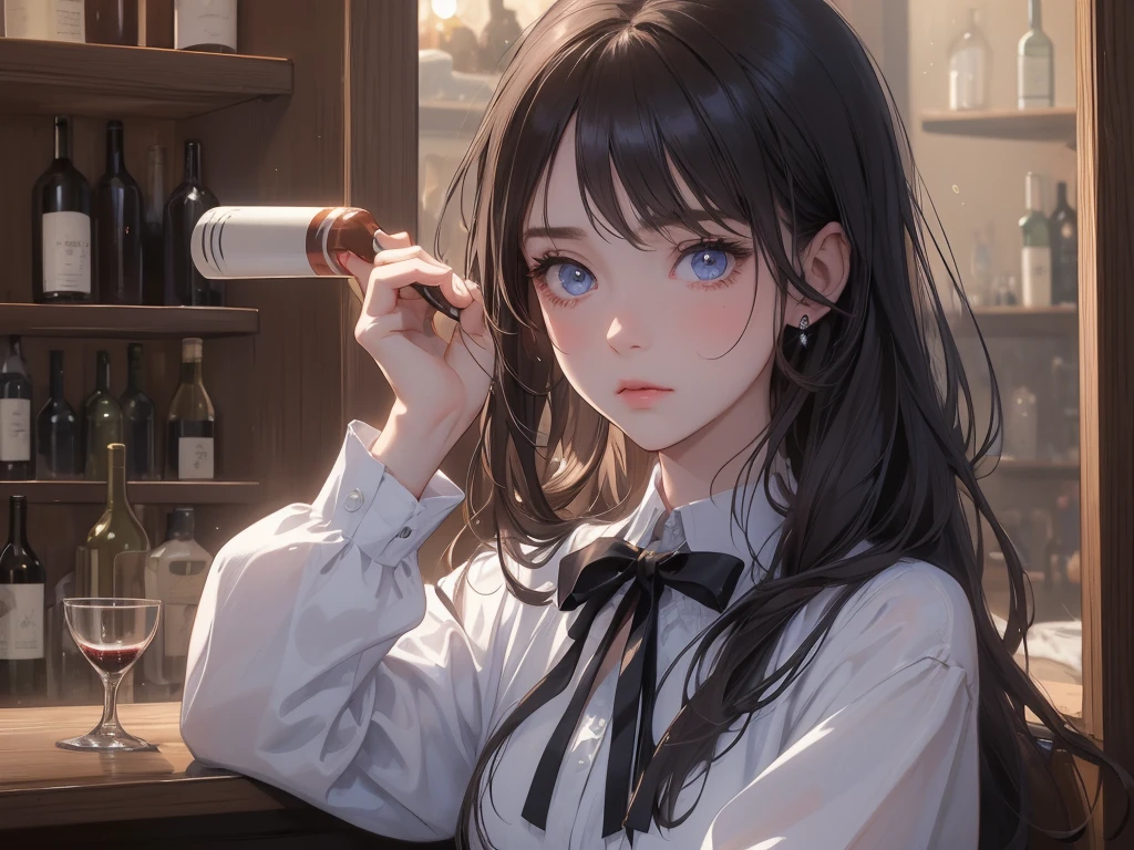 Beautiful girl, rosto angelical, face detailed ( extremely sad expression), (melancholic), holding a glass of wine, sitting at the counter of a wine cellar, blue eye, dark hair, work of art, ((ultra detaild)), ((4K)), depressed, tears in the eyes, having a drink
