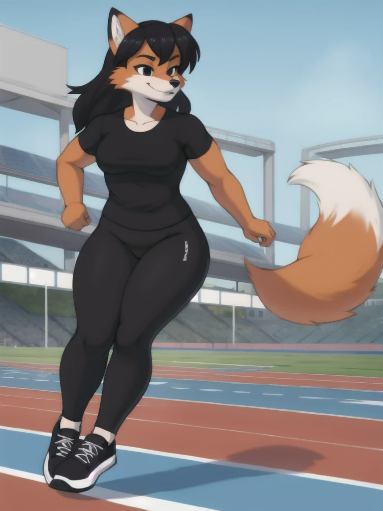 Furry, fox, female, black shirt, black leggings, shoes, running track, solo, full body