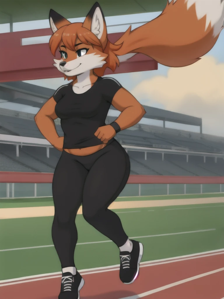 Furry, fox, female, black shirt, black leggings, shoes, running track, solo, full body